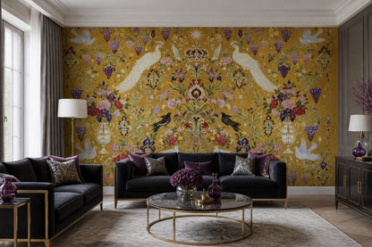 Floral Wallpaper Birds Gold Removable Wall Decor