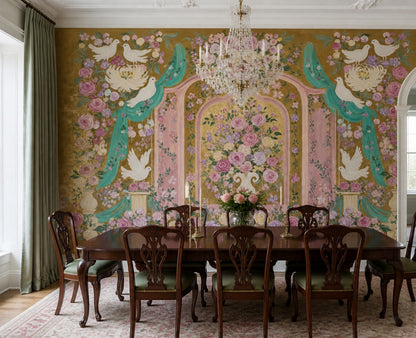 White Doves Wallpaper Pink Roses Ornate Arches Wall Mural