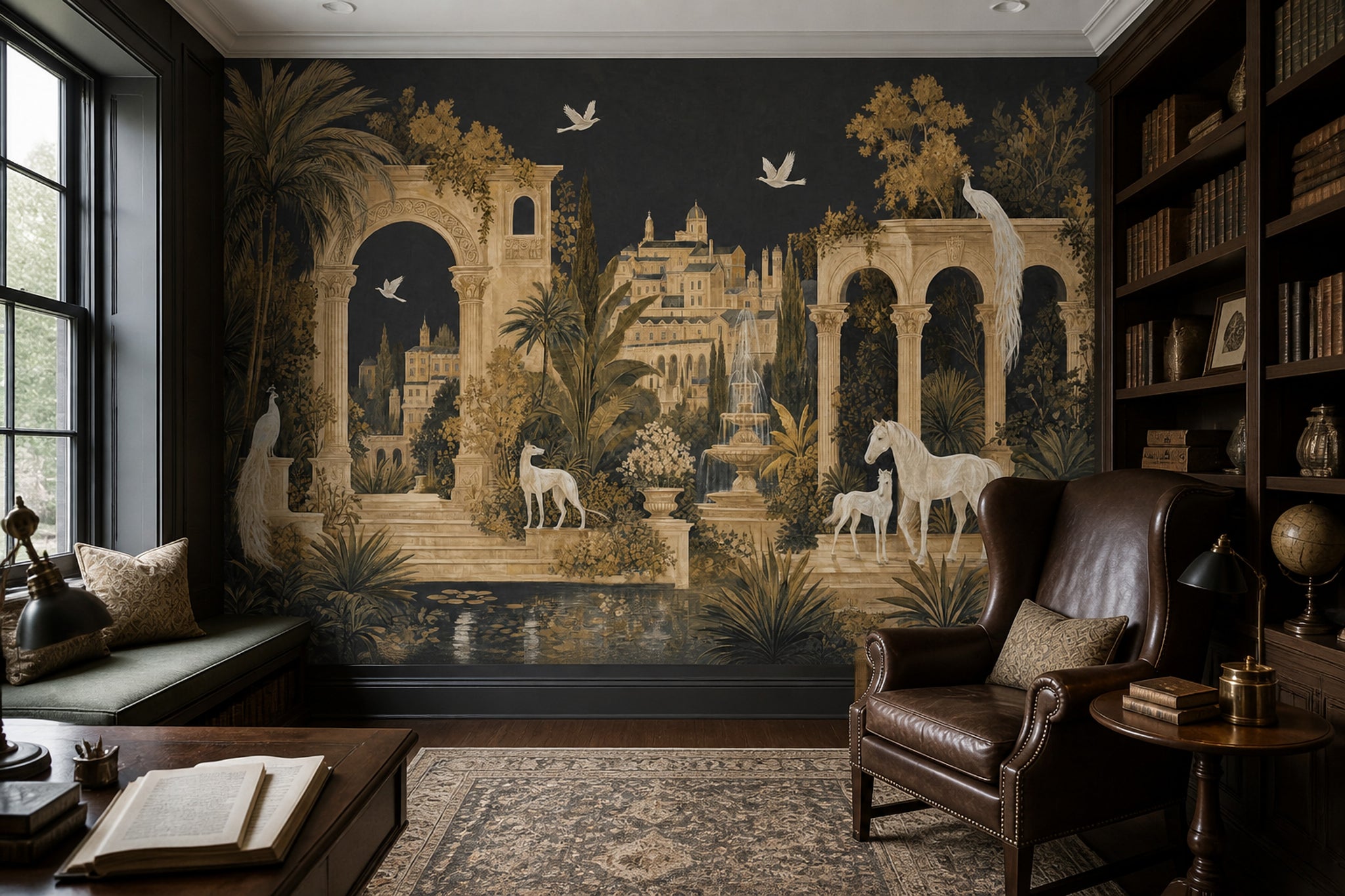 Muted Green Wallpaper Neoclassical Palace Wall Mural