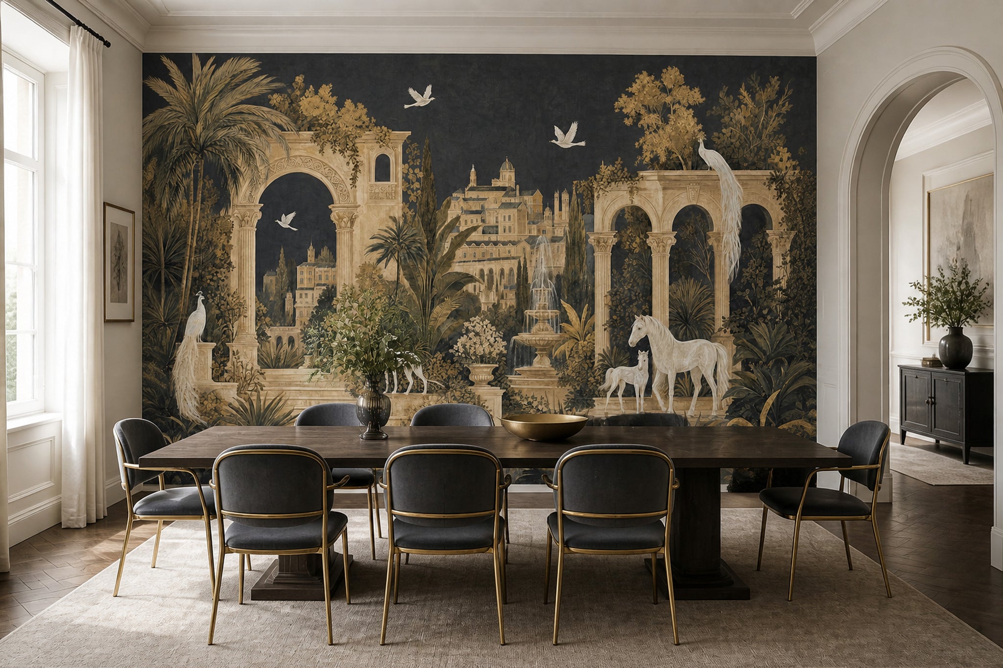 Muted Green Wallpaper Neoclassical Palace Wall Mural