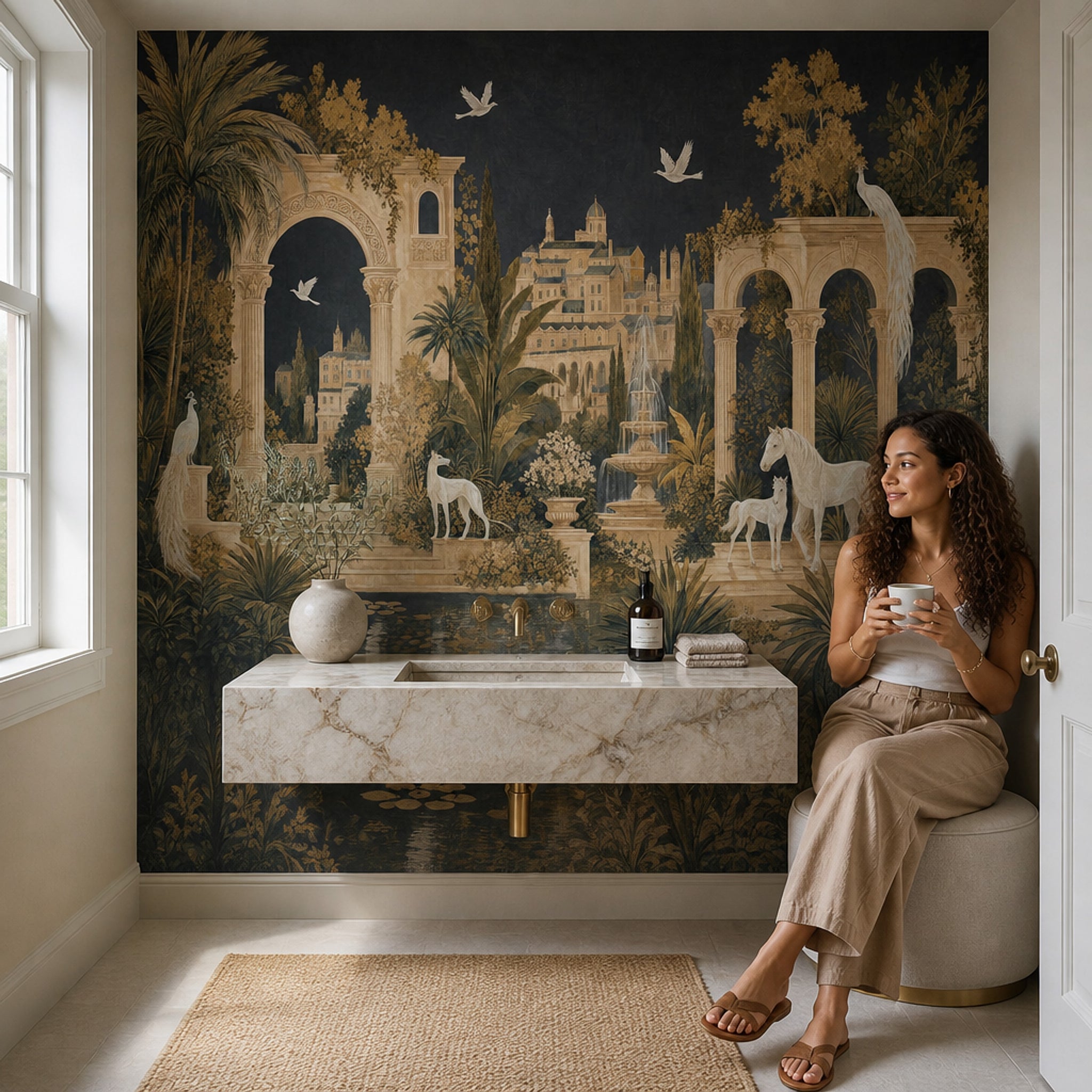 Muted Green Wallpaper Neoclassical Palace Wall Mural
