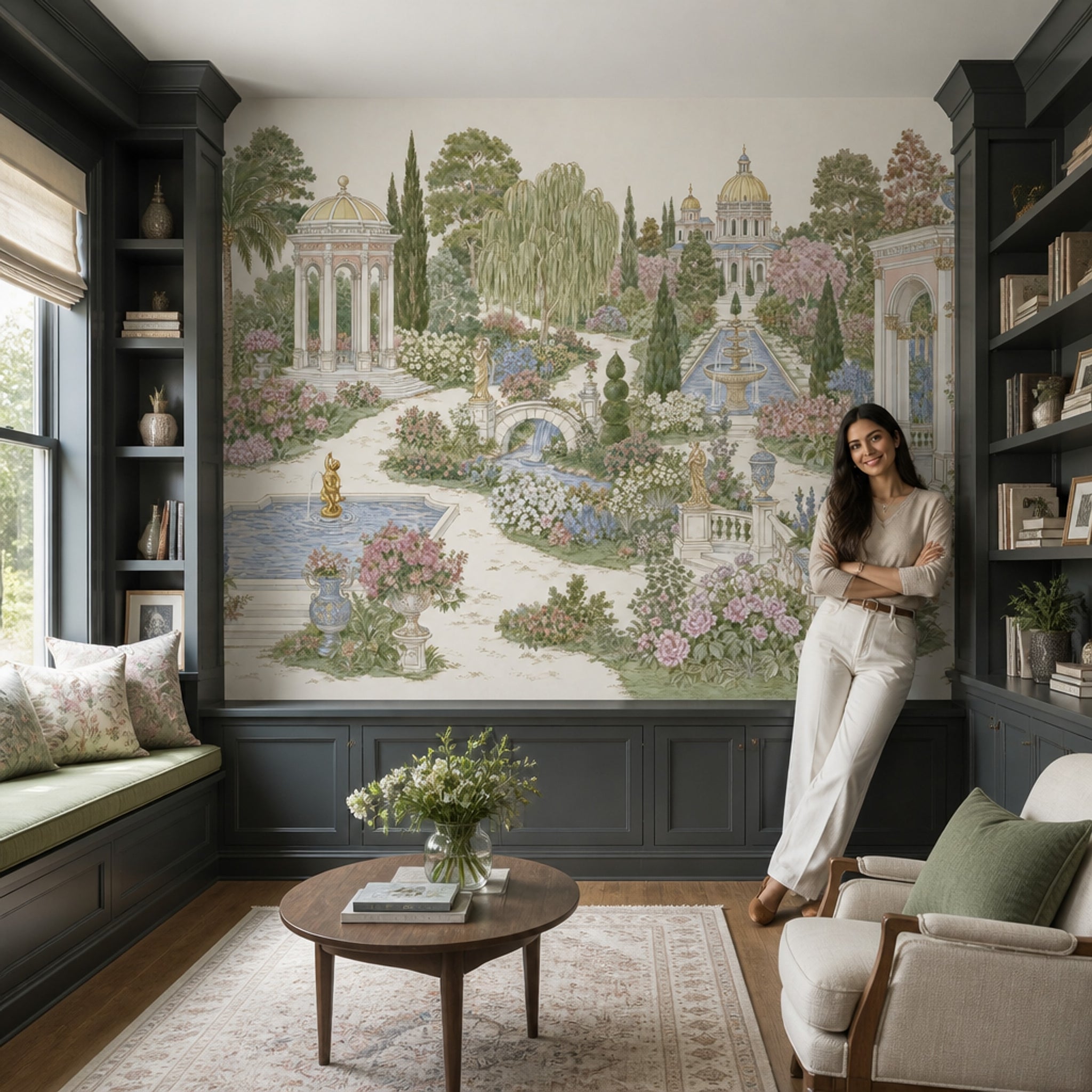 Bright Garden Wallpaper Italian Landscape Removable Classical Architecture Wall Decor