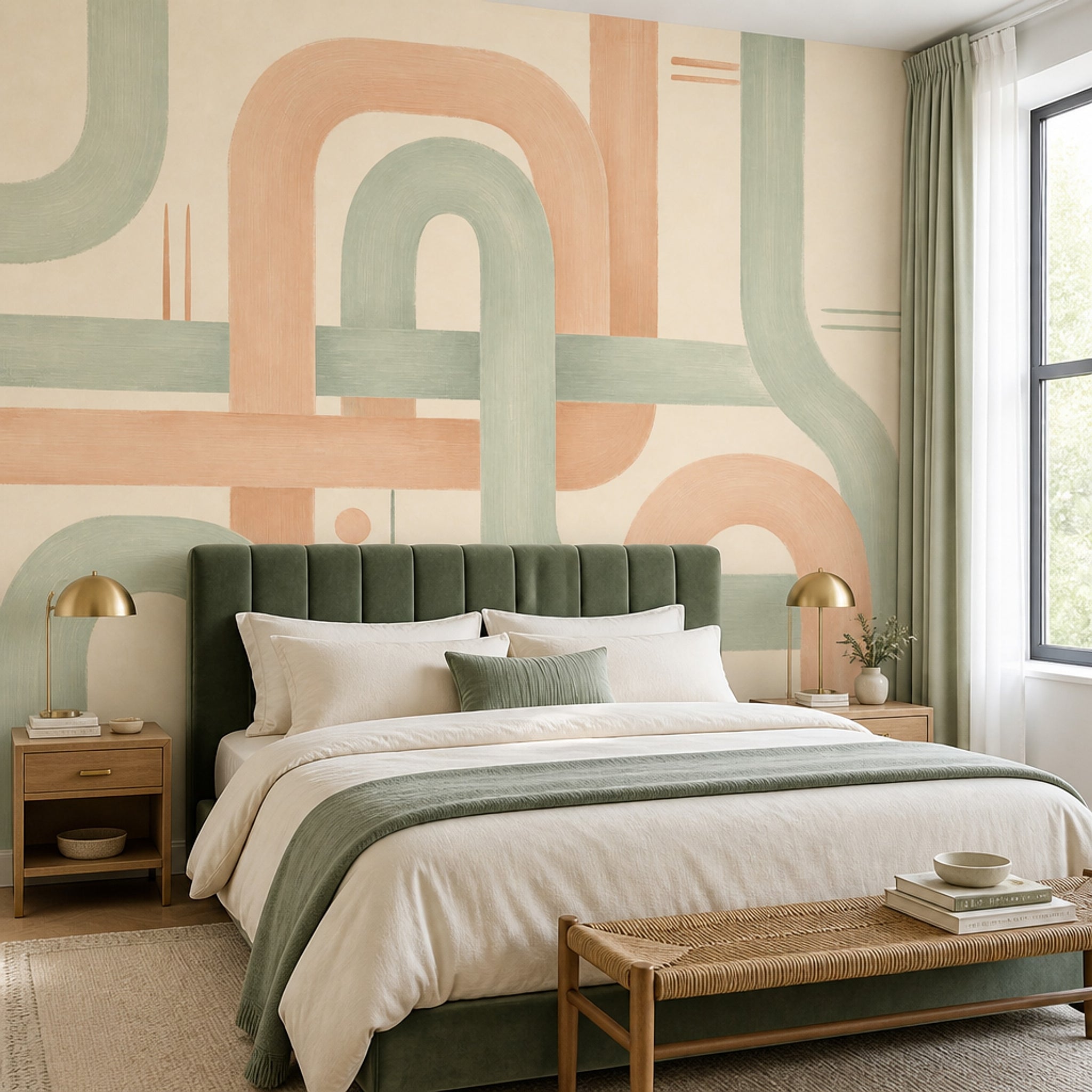 Abstract Geometric Wallpaper Rounded Arches Sage Green Wall Mural