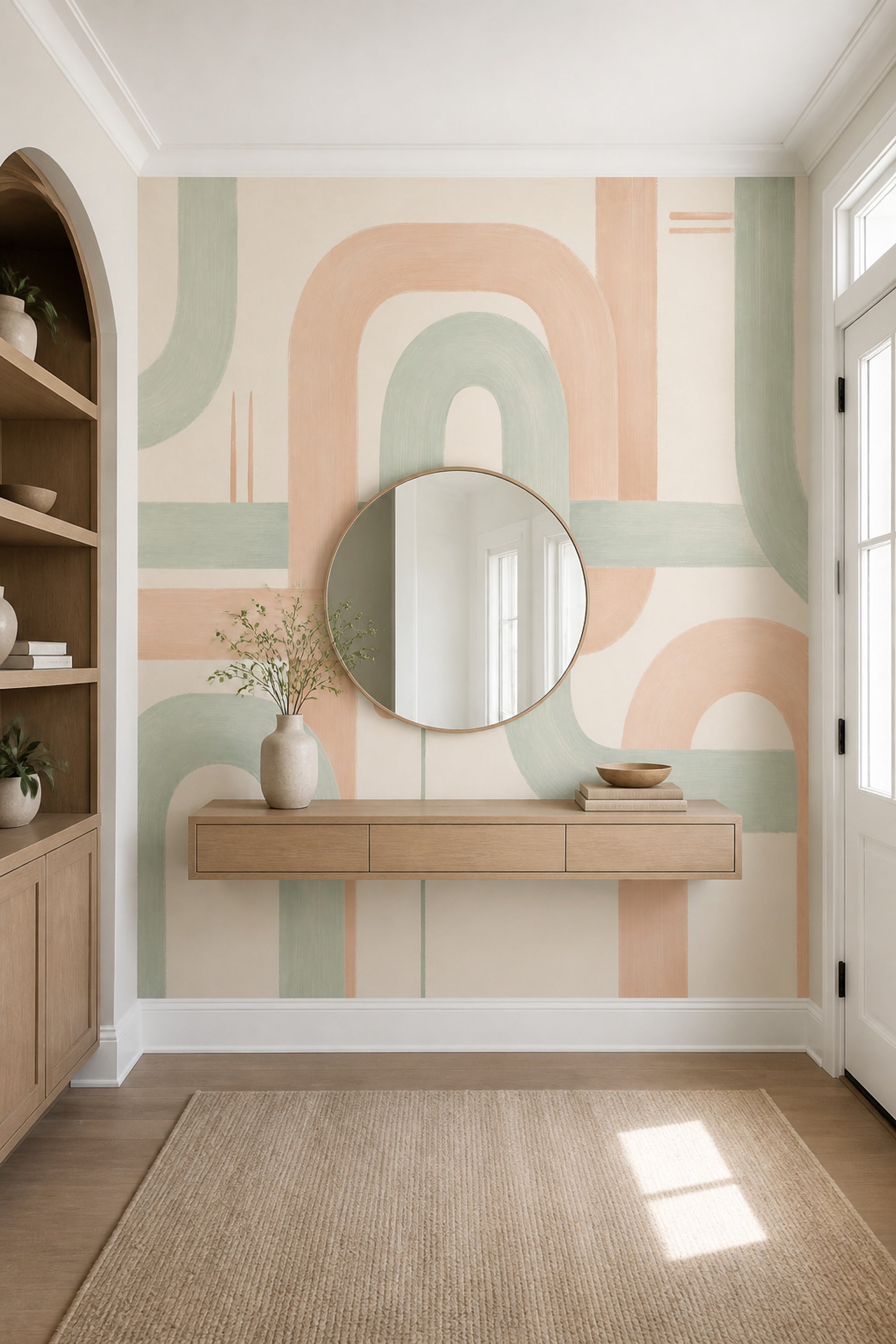 Abstract Geometric Wallpaper Rounded Arches Sage Green Wall Mural