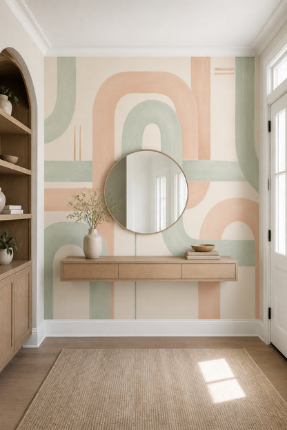 Abstract Geometric Wallpaper Rounded Arches Sage Green Wall Mural