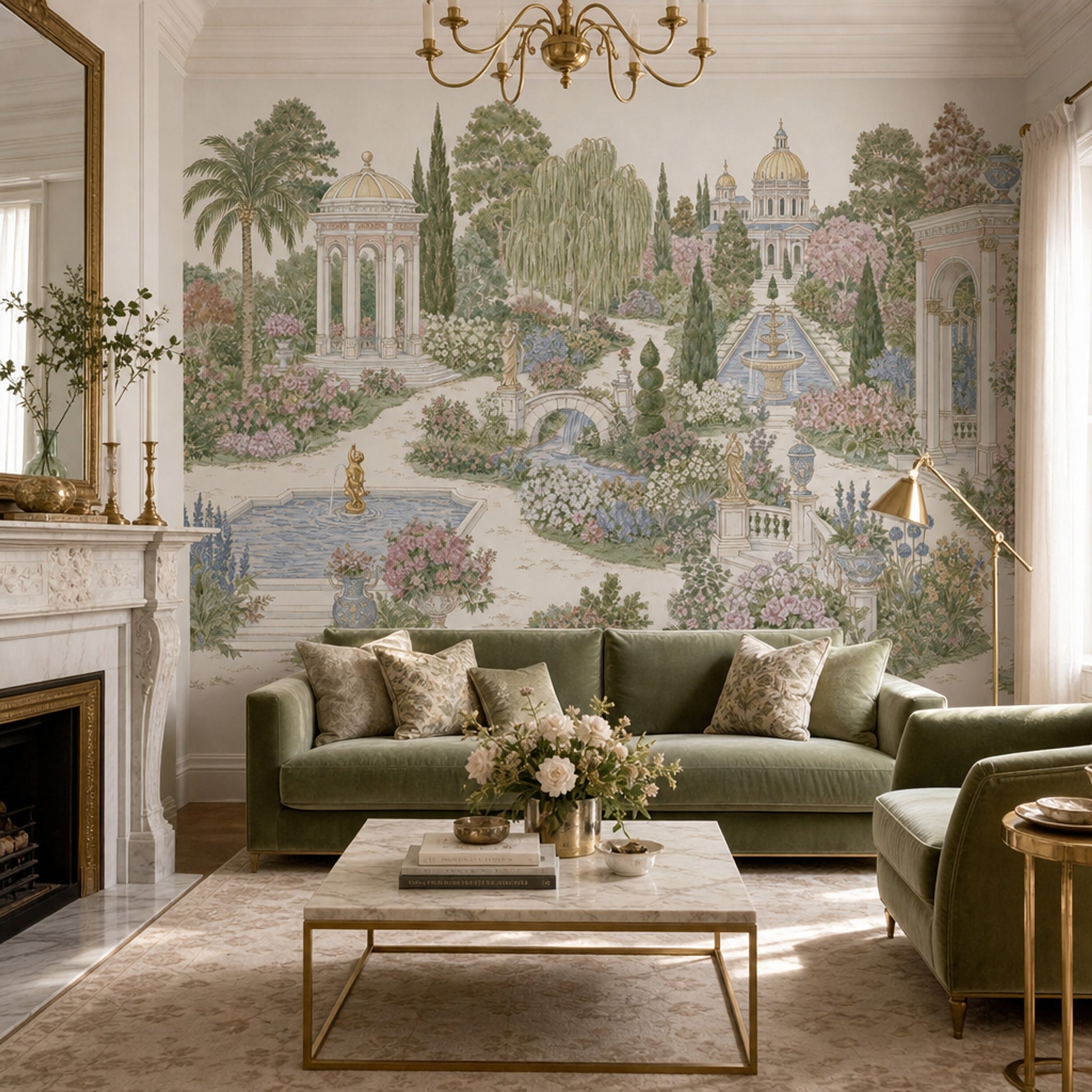 Bright Garden Wallpaper Italian Landscape Removable Classical Architecture Wall Decor