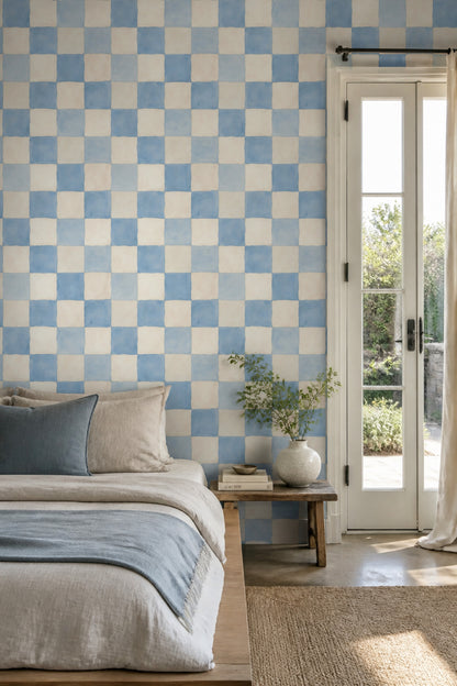 Blue Checkered Wallpaper Watercolor Squares Geometric Grid Decorative Mural