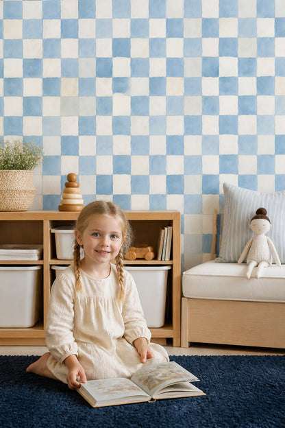 Blue Checkered Wallpaper Watercolor Squares Geometric Grid Decorative Mural