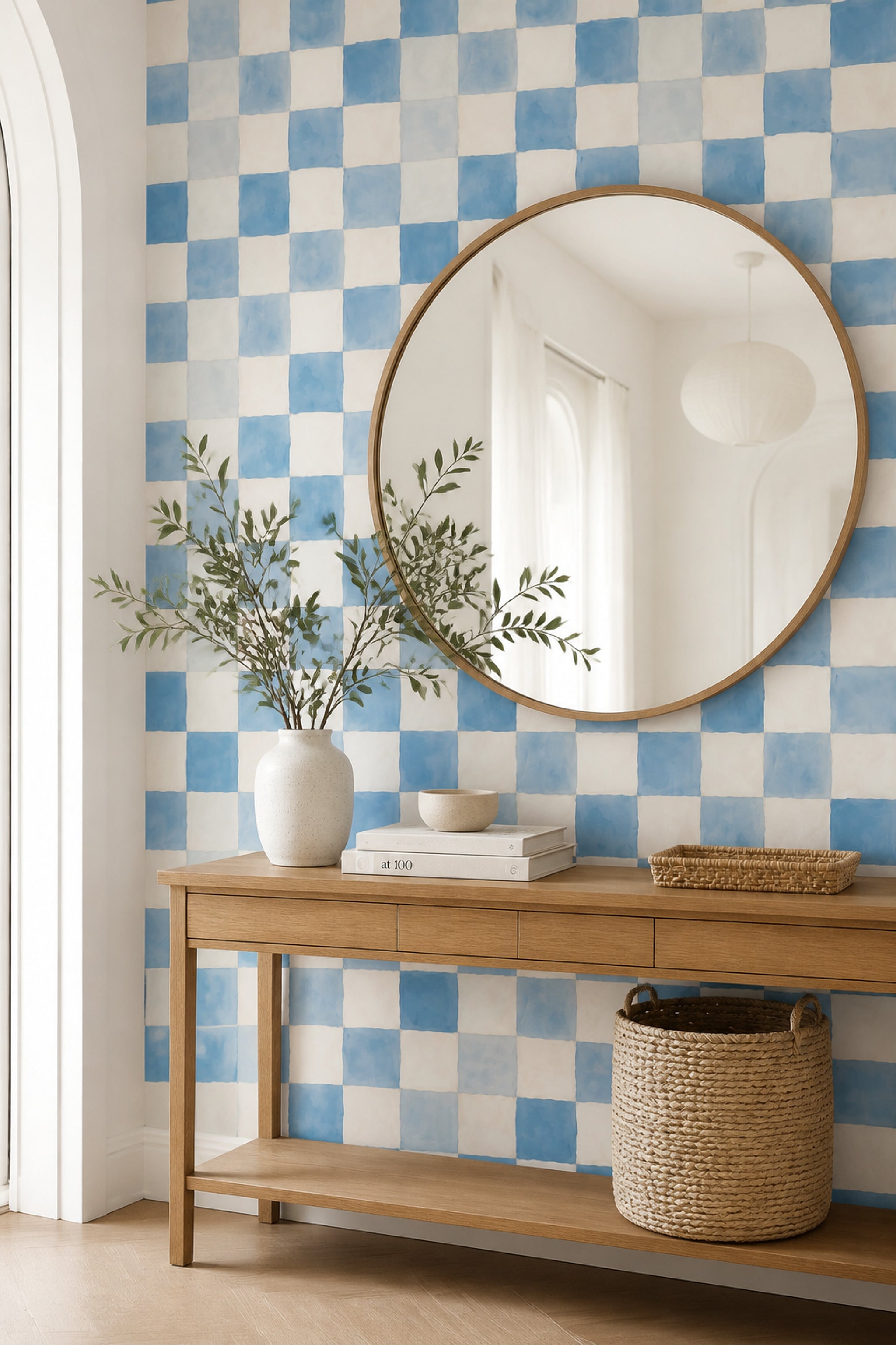 Blue Checkered Wallpaper Watercolor Squares Geometric Grid Decorative Mural