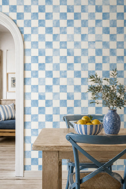 Blue Checkered Wallpaper Watercolor Squares Geometric Grid Decorative Mural