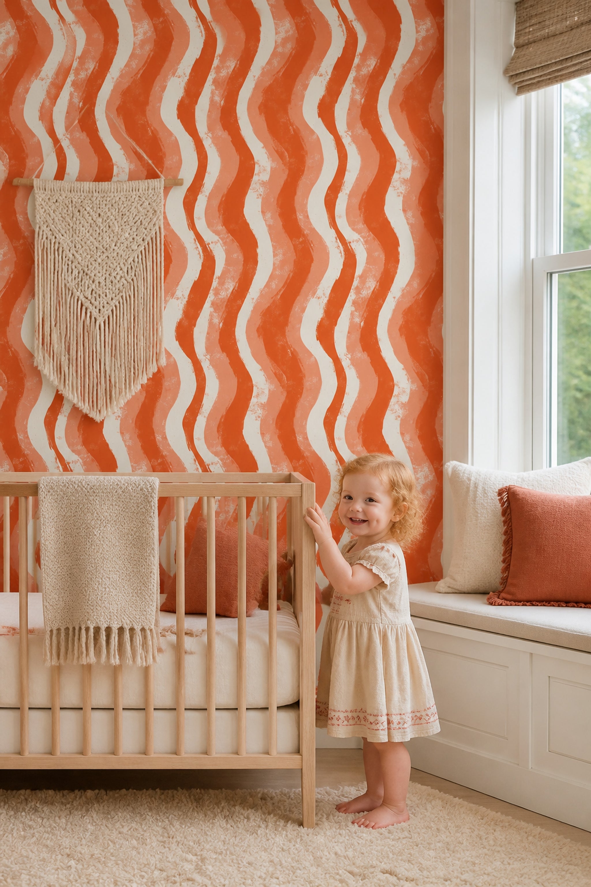 Abstract Wallpaper Wavy Stripes Removable Terracotta Wall Double Roll