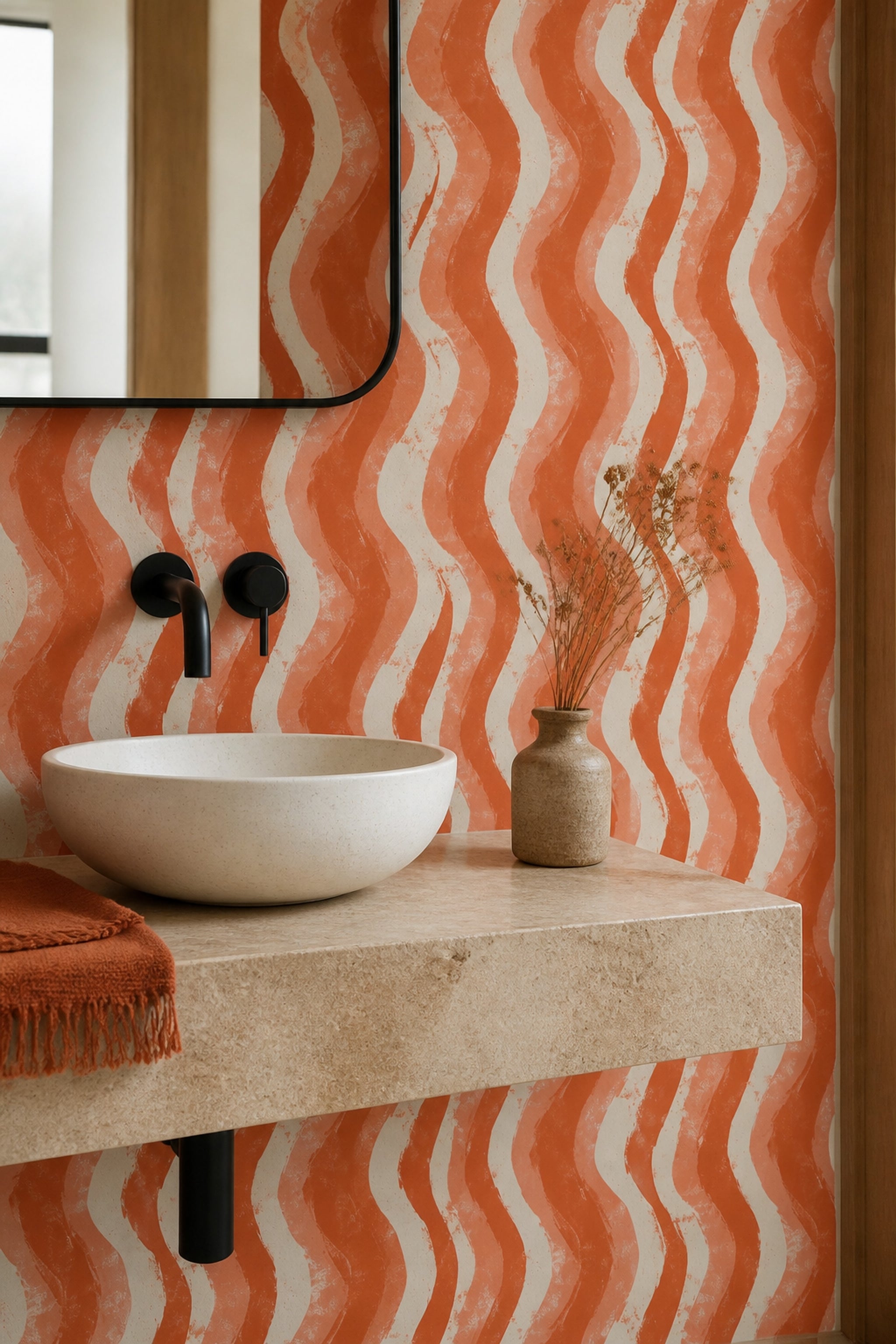 Abstract Wallpaper Wavy Stripes Removable Terracotta Wall Double Roll