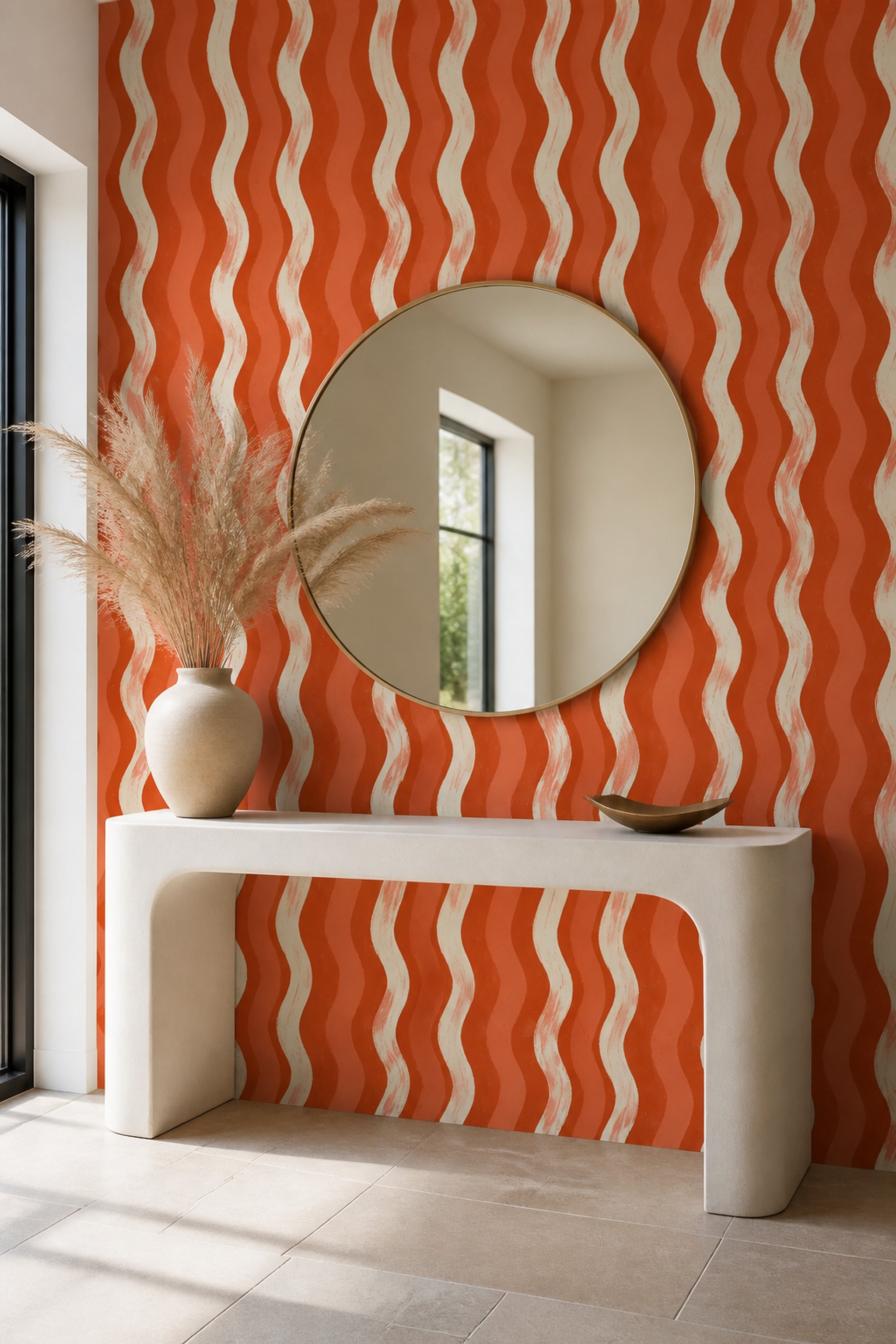 Abstract Wallpaper Wavy Stripes Terracotta Removable Wall Decor