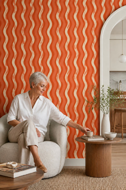 Abstract Wallpaper Wavy Stripes Terracotta Removable Wall Decor