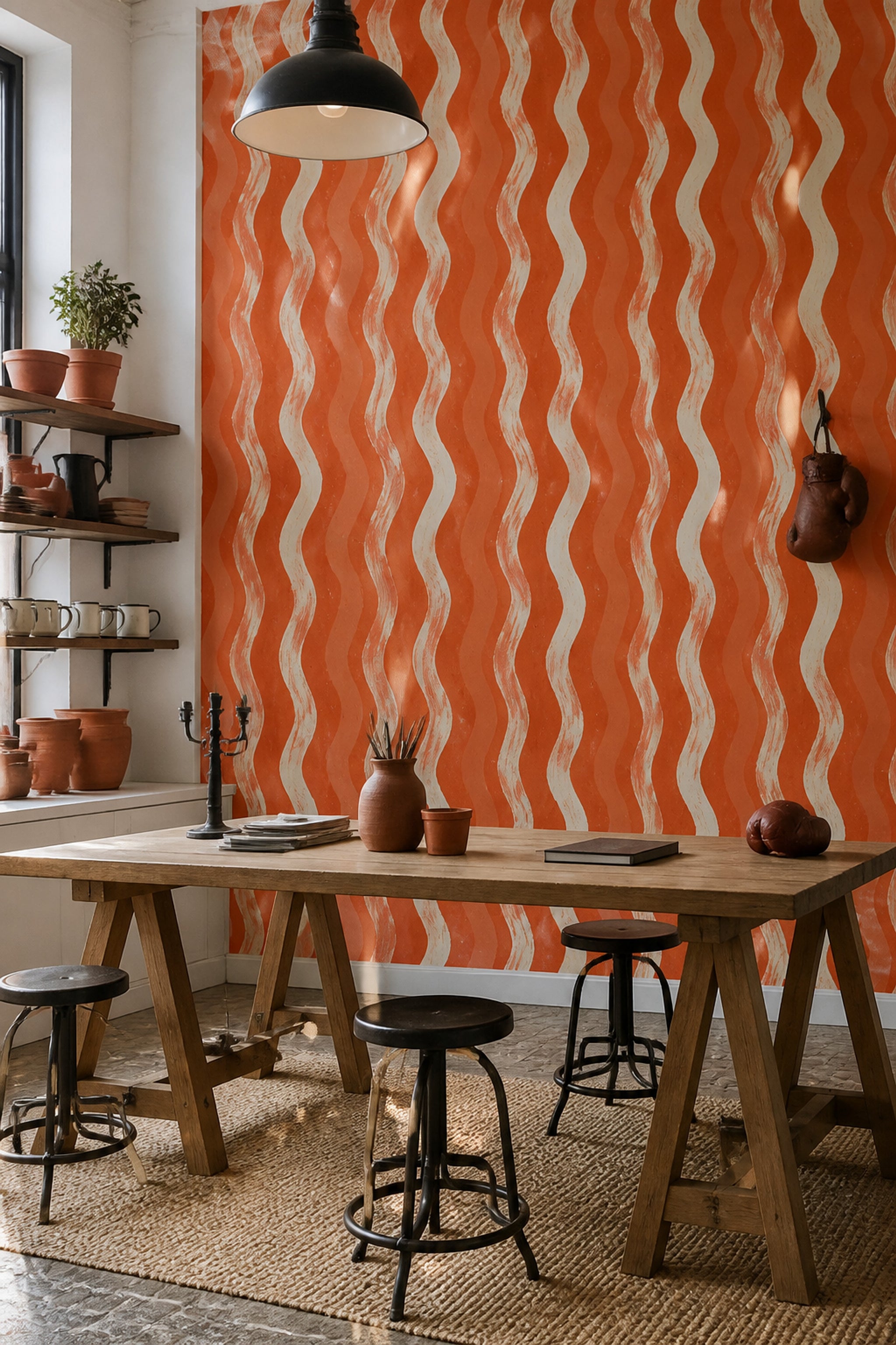 Abstract Wallpaper Wavy Stripes Terracotta Removable Wall Decor