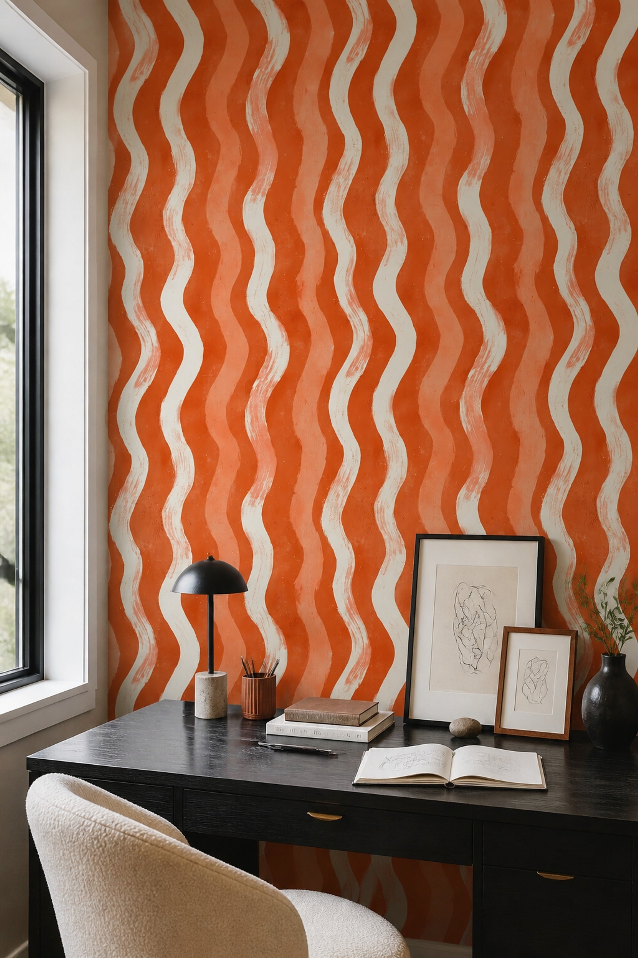 Abstract Wallpaper Wavy Stripes Terracotta Removable Wall Decor
