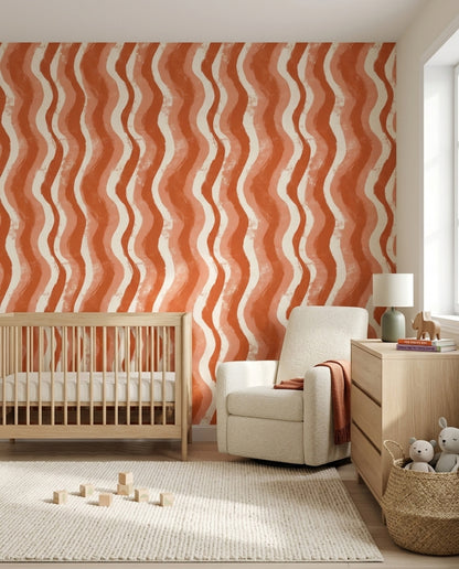 Abstract Wallpaper Wavy Stripes Removable Terracotta Wall Double Roll