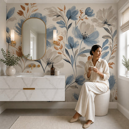 Blue Flowers Wallpaper Watercolor Botanical Wall Mural