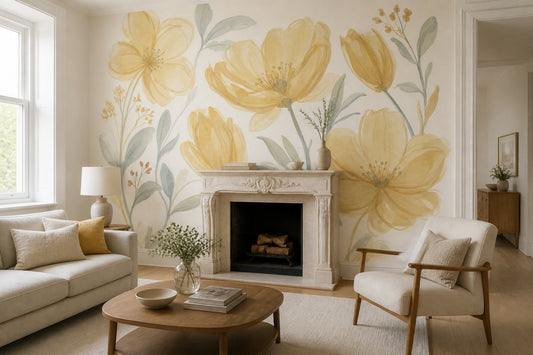 Watercolor Wallpaper Yellow Flowers Removable Vintage Wall Decor