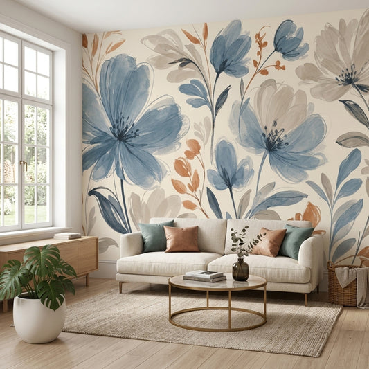 Blue Flowers Wallpaper Watercolor Botanical Wall Mural