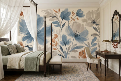 Blue Flowers Wallpaper Watercolor Botanical Wall Mural