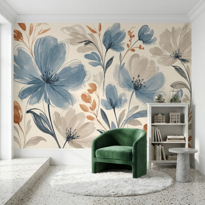 Blue Flowers Wallpaper Watercolor Botanical Wall Mural