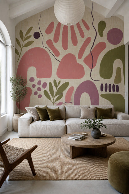 Abstract Botanical Wallpaper Cream Background Organic Shapes Removable Wall Decor
