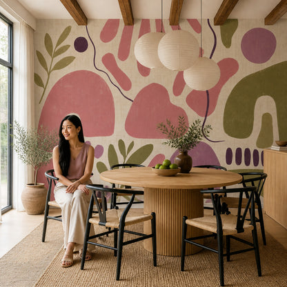 Abstract Botanical Wallpaper Cream Background Organic Shapes Removable Wall Decor