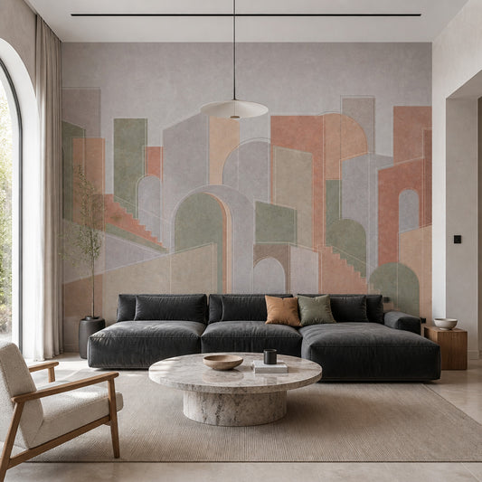 Abstract Cityscape Wallpaper Geometric Architecture Removable Arches Wall Decor