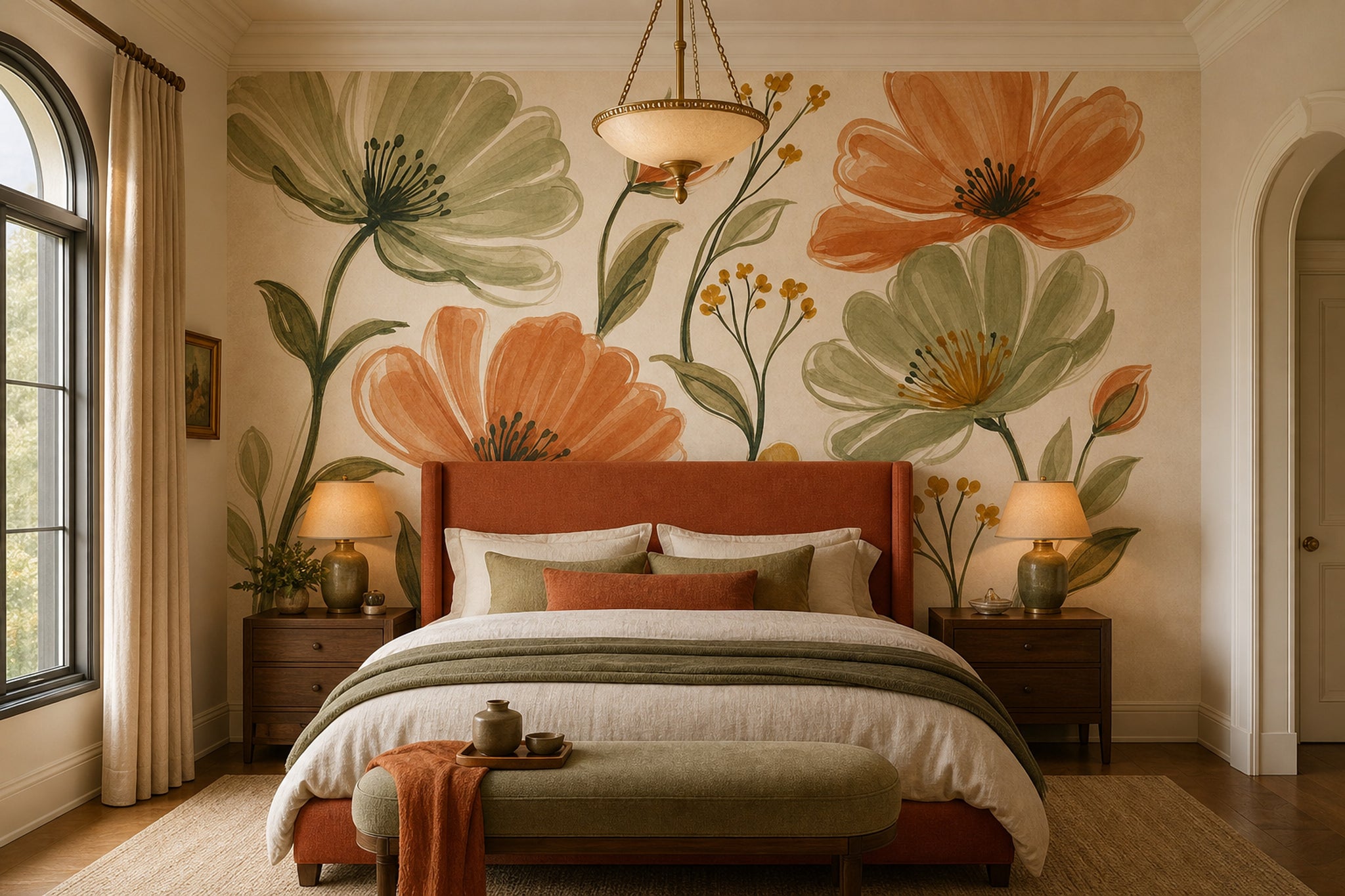 Terracotta Flowers Wallpaper Watercolor Botanical Wall Mural