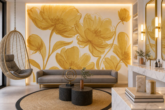 Yellow Flowers Wallpaper Floral Watercolor Removable Wall Decor