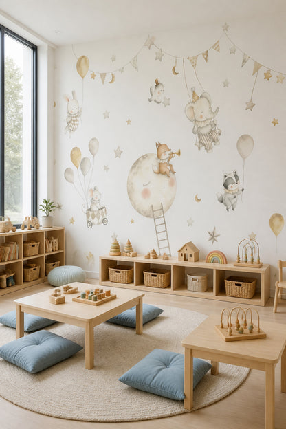 Nursery Wallpaper Watercolor Animals Celestial Removable Wall Decor
