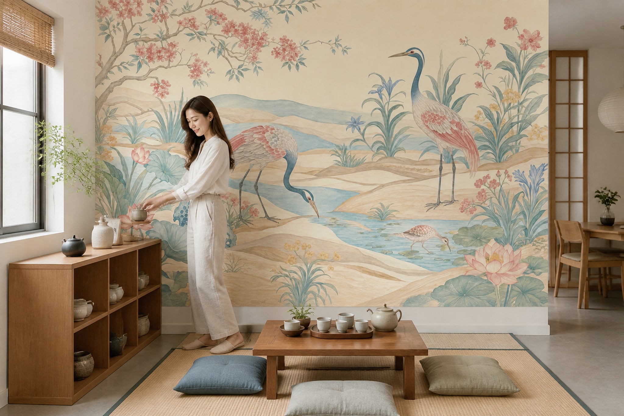 Chinoiserie Wallpaper Cranes Lotus Wall Mural
