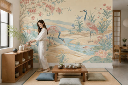 Chinoiserie Wallpaper Cranes Lotus Wall Mural