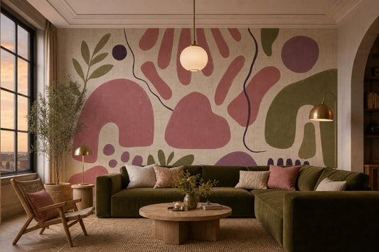 Abstract Botanical Wallpaper Cream Background Organic Shapes Removable Wall Decor