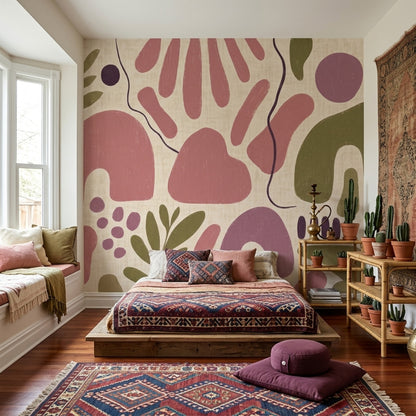 Abstract Botanical Wallpaper Cream Background Organic Shapes Removable Wall Decor
