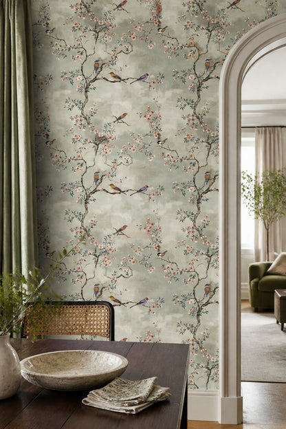 Muted Green Wallpaper Pastel Botanical Mural Chinoiserie Wall Decor