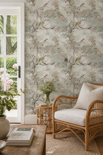 Muted Green Wallpaper Pastel Botanical Mural Chinoiserie Wall Decor