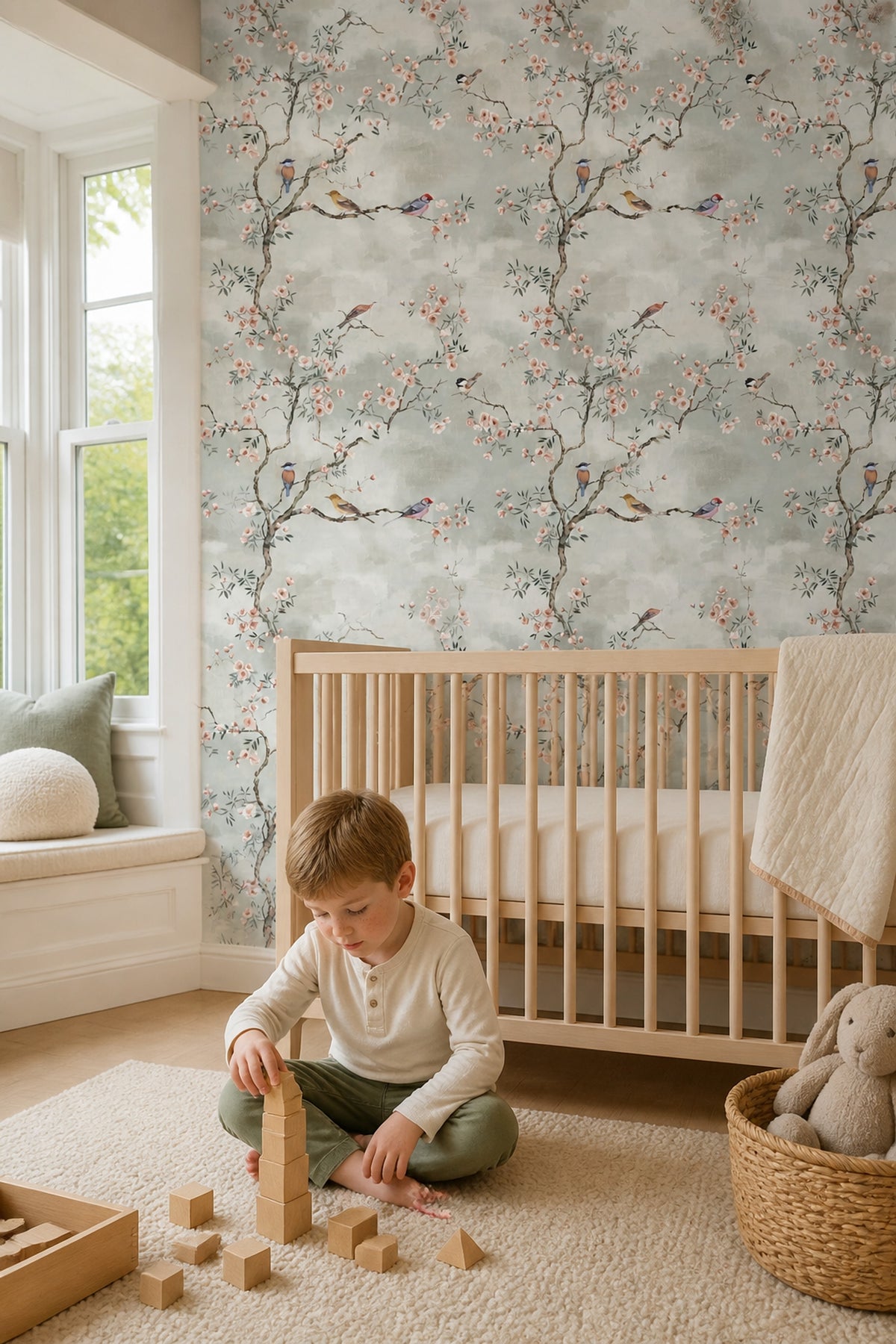 Muted Green Wallpaper Pastel Botanical Mural Chinoiserie Wall Decor