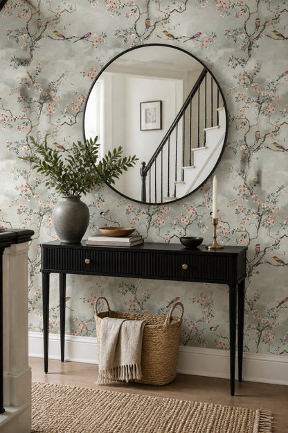 Muted Green Wallpaper Pastel Botanical Mural Chinoiserie Wall Decor
