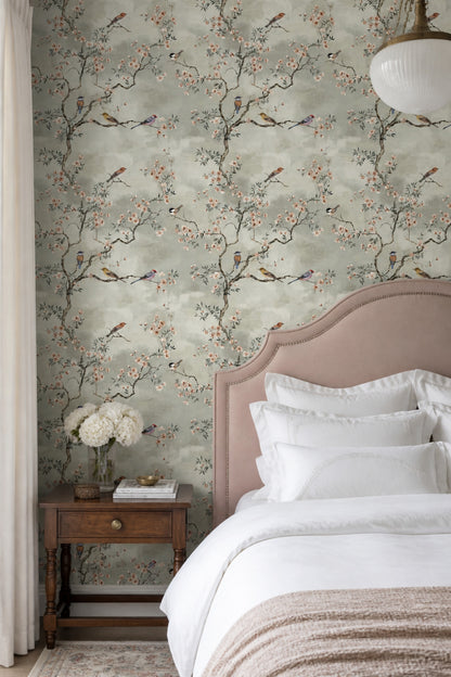 Muted Green Wallpaper Pastel Botanical Mural Chinoiserie Wall Decor