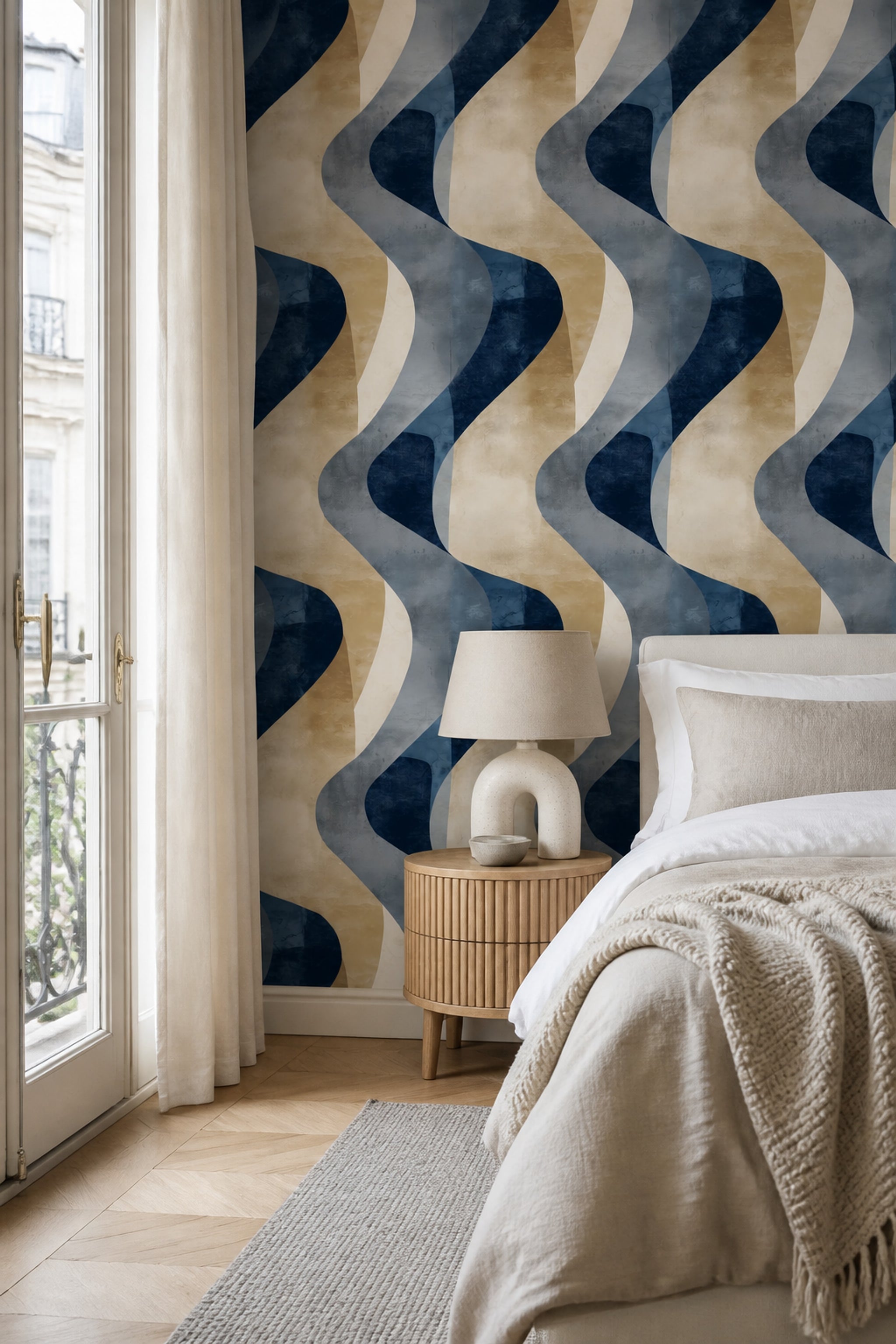 Abstract Wallpaper Dark Navy Curved Shapes Removable Wall Decor
