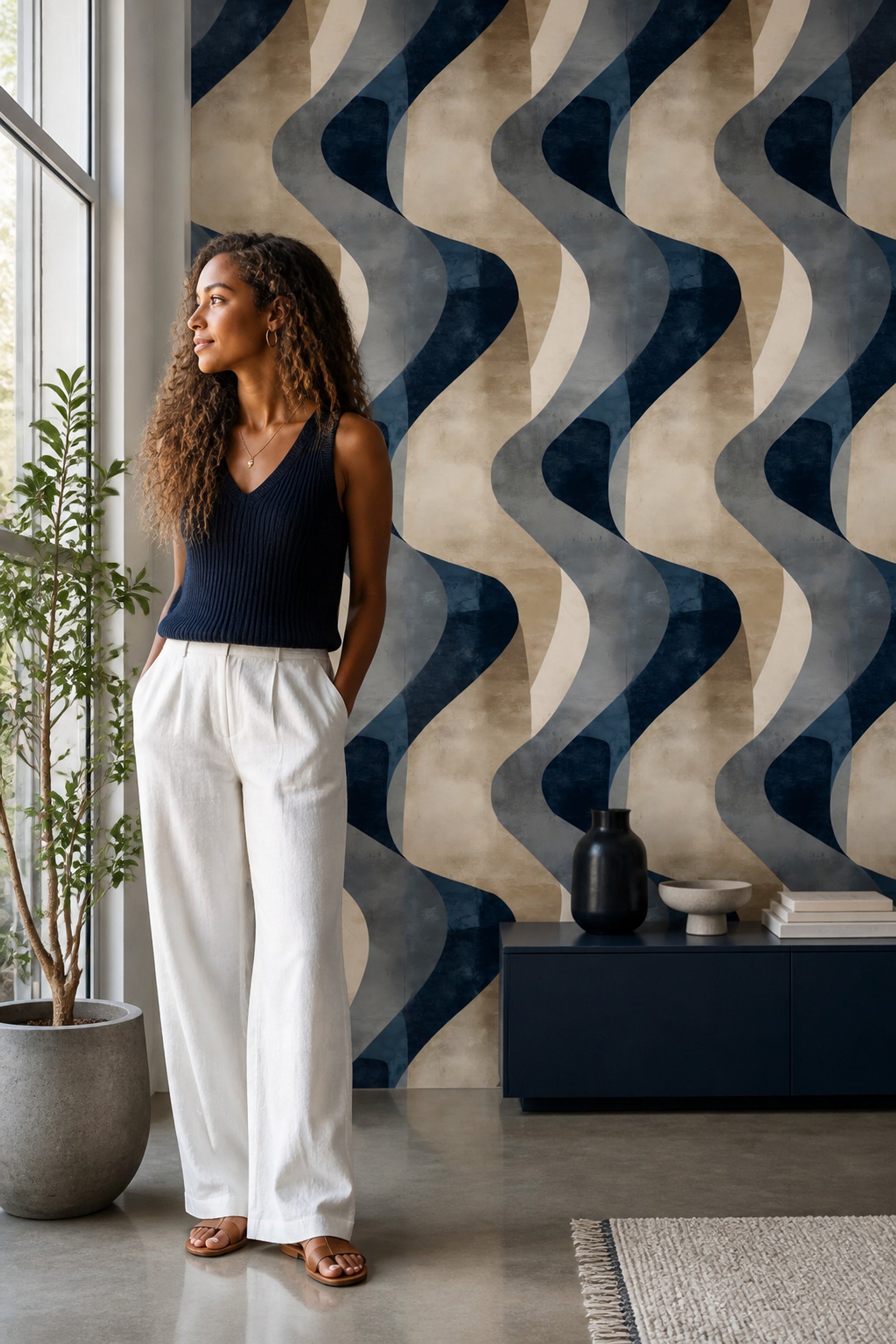 Abstract Wallpaper Dark Navy Curved Shapes Removable Wall Decor