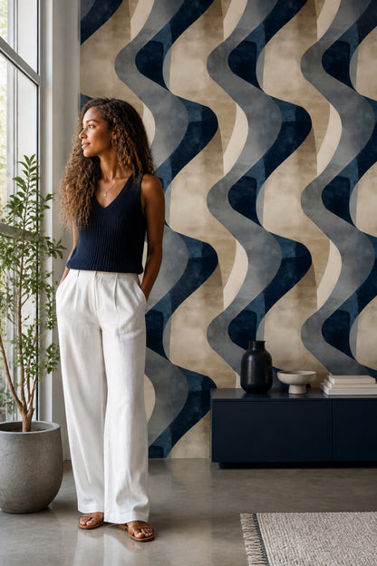 Abstract Wallpaper Dark Navy Curved Shapes Removable Wall Decor