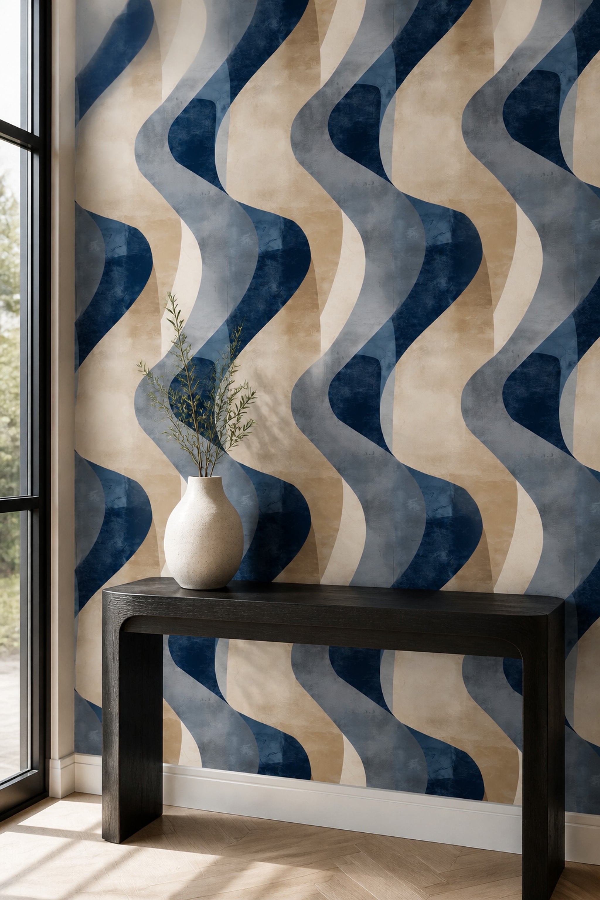 Abstract Wallpaper Dark Navy Curved Shapes Removable Wall Decor