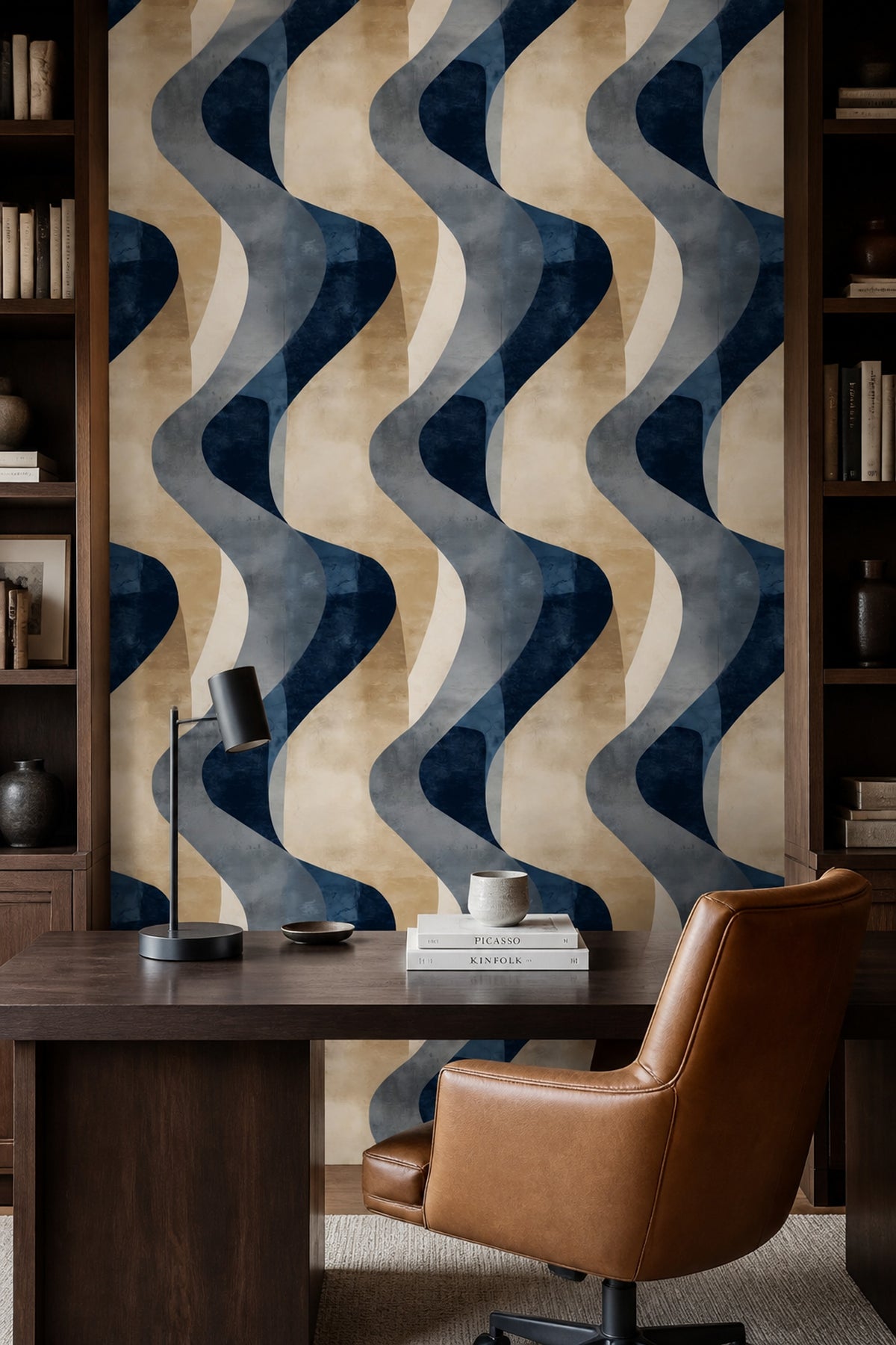 Abstract Wallpaper Dark Navy Curved Shapes Removable Wall Decor