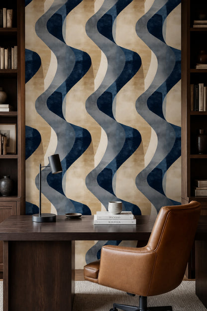 Abstract Wallpaper Dark Navy Curved Shapes Removable Wall Decor