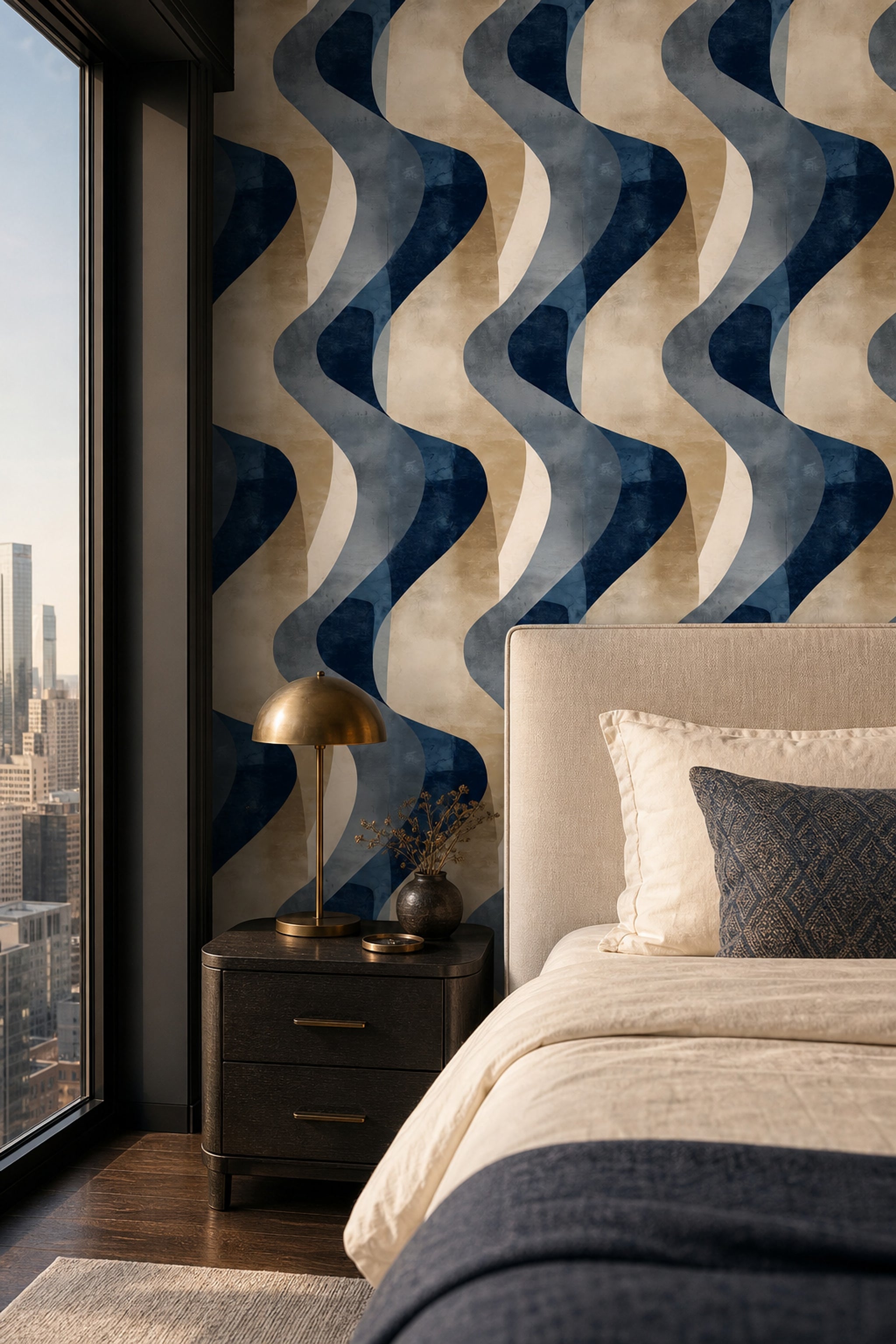 Abstract Wallpaper Dark Navy Curved Shapes Removable Wall Decor