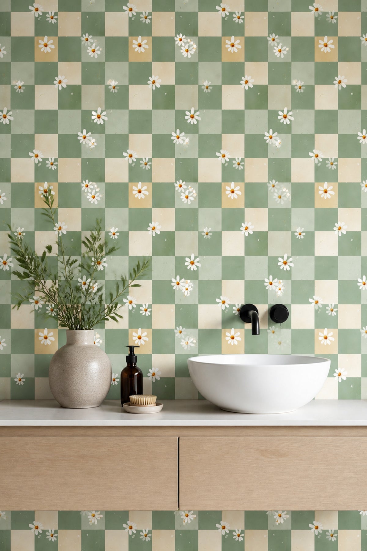 Sage Green Wallpaper Daisy Flowers Removable Checkered Wall Double Roll