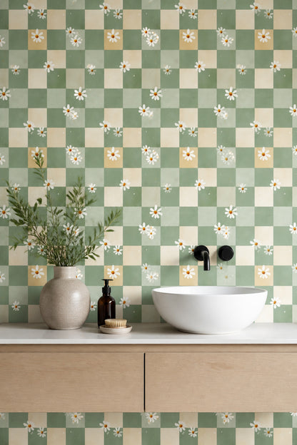Sage Green Wallpaper Daisy Flowers Removable Checkered Wall Double Roll